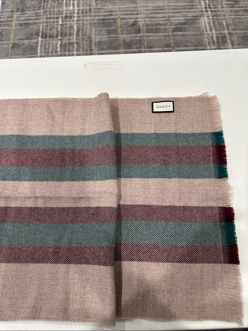 Gucci Blush Pink Scarf with Green and Burgundy Stripes